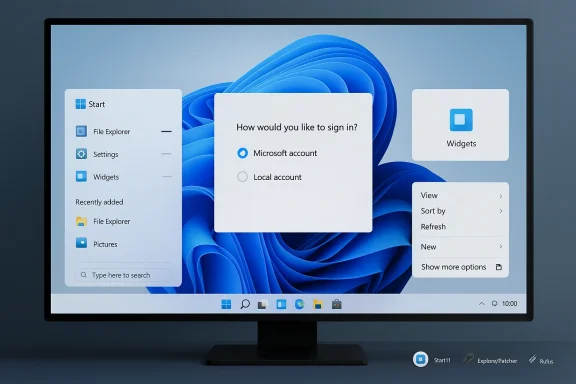 Windows 11 desktop with a sign-in dialog asking to use a Microsoft account or local account.