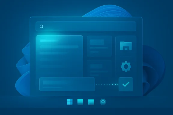 Blue digital interface mockup with search bar, cards, and Windows-style icons over a soft abstract background.
