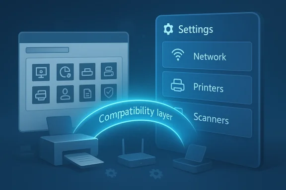 Digital interface showing a compatibility layer connecting printers, scanners, and network settings.