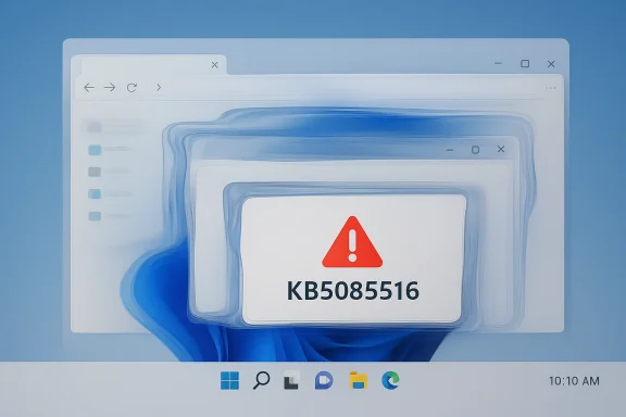 Computer desktop mockup showing browser error warning “KB5085516” with a red alert icon.