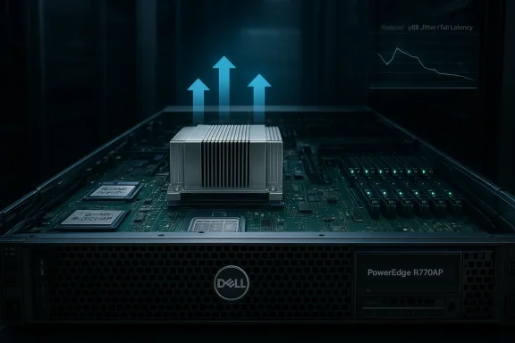 Dell PowerEdge R770AP server with upward performance arrows and reduced jitter/latency chart overlay.