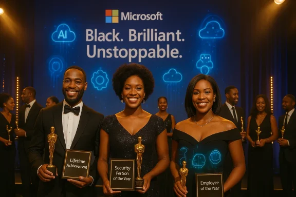 Microsoft-branded awards gala backdrop with three winners holding trophies and plaques in formal attire.