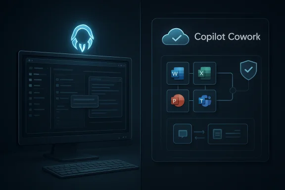 Illustration of Copilot Cowork workflow connecting Word, Excel, PowerPoint, and Teams with a cloud checkmark.