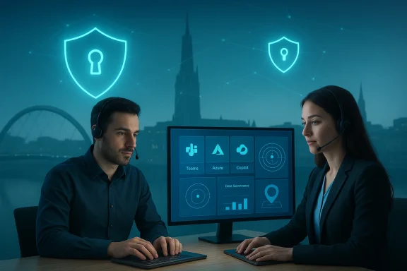 Two professionals on a video-ops call, working at a desk with glowing cybersecurity shield icons above.