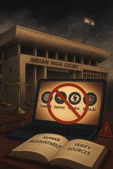 Laptop shows an AI ban/blocked sign while “INDIAN HIGH COURT, Chandigarh” looms overhead, with legal books nearby.