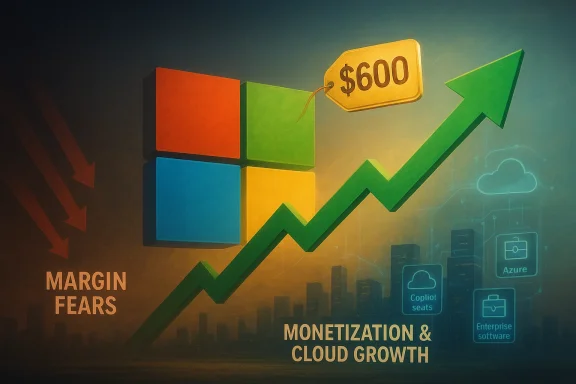 Colorful blocks and green upward chart with “$600” showing monetization and cloud growth; “Margin fears” text.