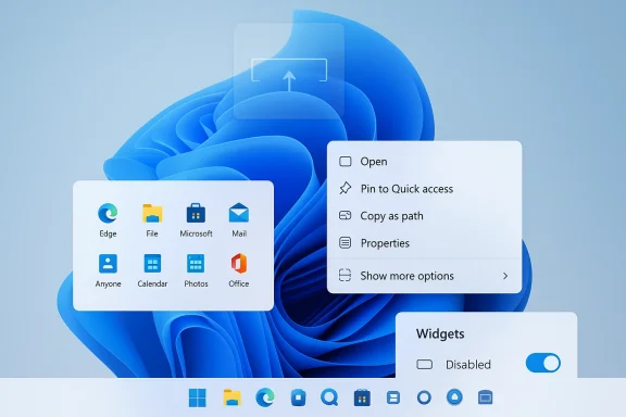 Windows 11 desktop background with app tiles, taskbar icons, and a context menu showing file options.