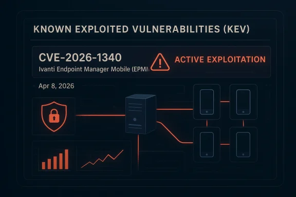 Cybersecurity graphic warning of active exploitation for CVE-2026-1340 on Ivanti Endpoint Manager Mobile.