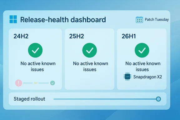 Release-health dashboard shows Patch Tuesday status with no active known issues for 24H2, 25H2, and 26H1.