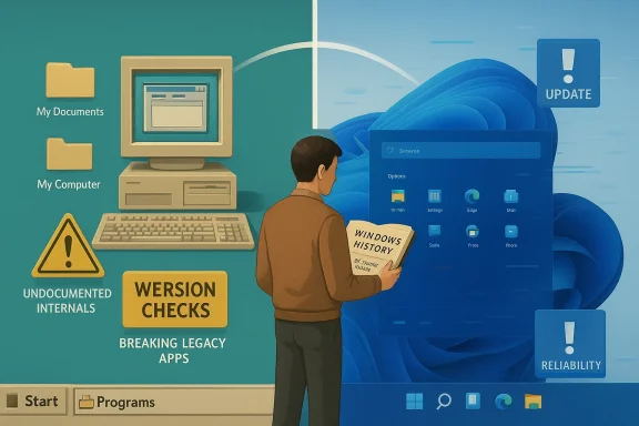 Illustration of a man checking a “Windows History” card while a PC update and reliability icons float over a blue system backdrop.