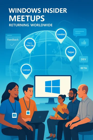 Illustrated Windows Insider meetup poster showing global city pins and a group discussing at a computer.