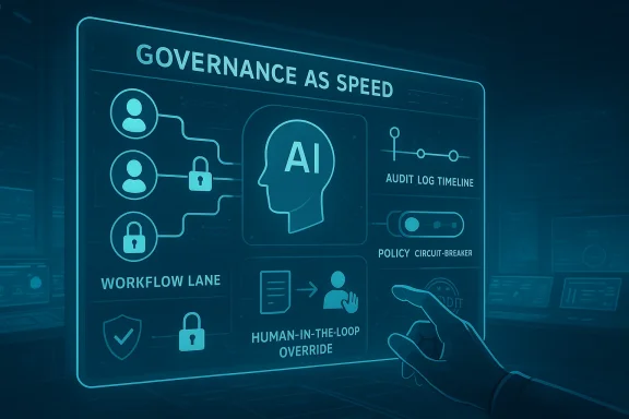 Blue tech UI shows “Governance as Speed” with AI audit and policy override concepts.