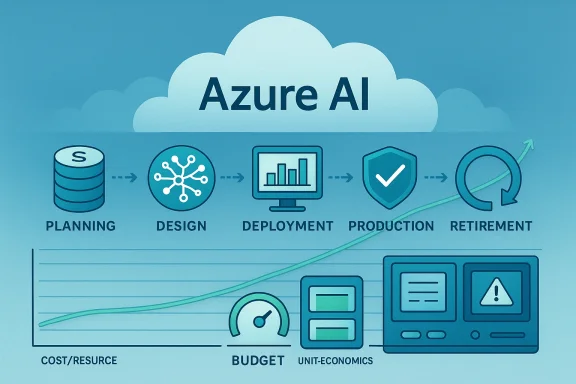 Cloud-themed graphic showing the Azure AI workflow from planning to retirement, with budget and unit-economics icons.