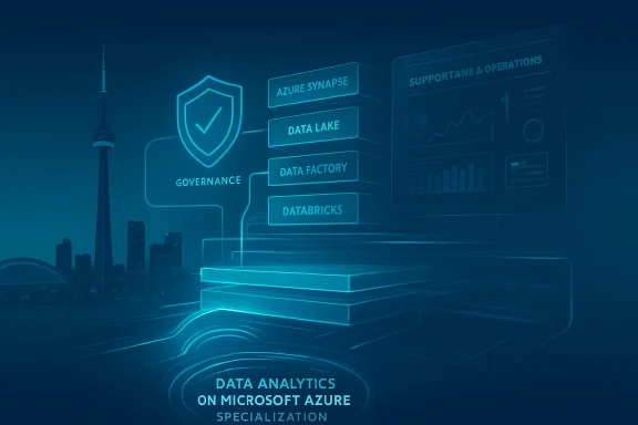 Neon-blue Azure data architecture diagram linking Governance, Synapse, Data Lake, and Analytics.