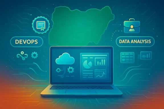 Illustration of a laptop with cloud, DevOps, and data analysis icons over a futuristic circuit background.