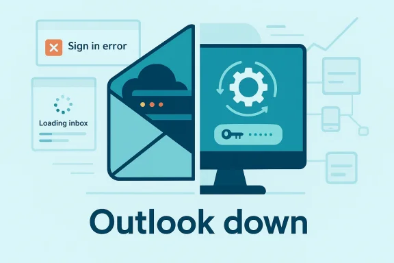 Illustration of Outlook down with email loading, sign-in error, and a broken inbox screen.