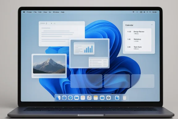 A MacBook laptop displays the macOS desktop with blue abstract waves and overlapping app windows.