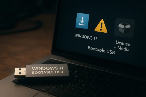 Windows 11 bootable USB flash drive in front of a laptop screen showing installation icons.