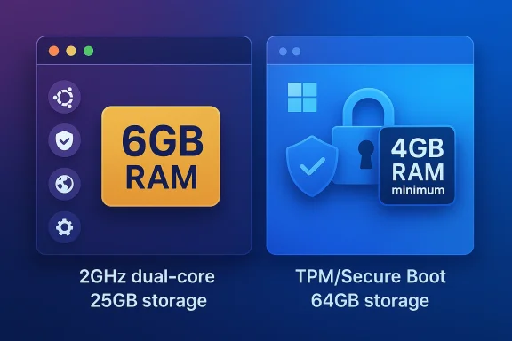 Split-screen tech graphic comparing 6GB RAM (2GHz dual-core, 25GB storage) with TPM/Secure Boot and 4GB RAM minimum.