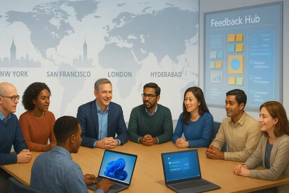 Team meeting around a table with laptops in front of a world map and a “Feedback Hub” display.