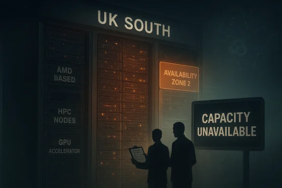 Silhouetted workers outside a server room marked “UK SOUTH” with a “CAPACITY UNAVAILABLE” sign.