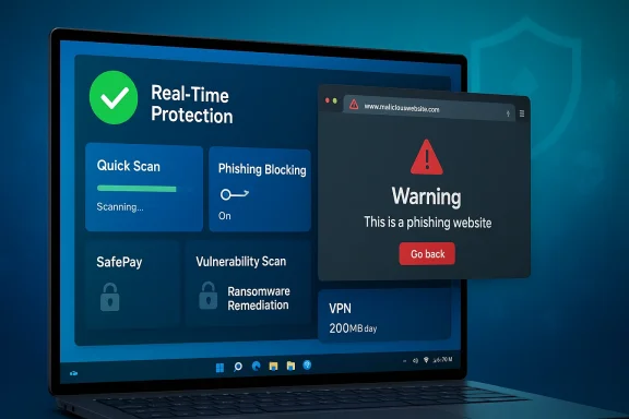 Laptop display shows real-time protection with quick scan, phishing blocking, and a warning about a phishing website.