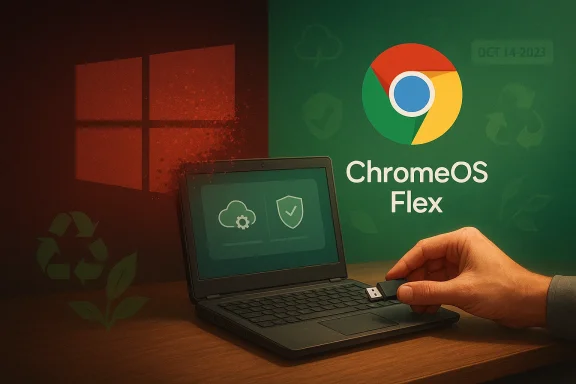 Hand plugs a USB into a laptop with “ChromeOS Flex” and recycling/chrome icons on screen.