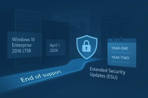 Blue graphic showing Windows 10 Enterprise 2016 LTSB end of support and ESU for Year-One/Year-Two.