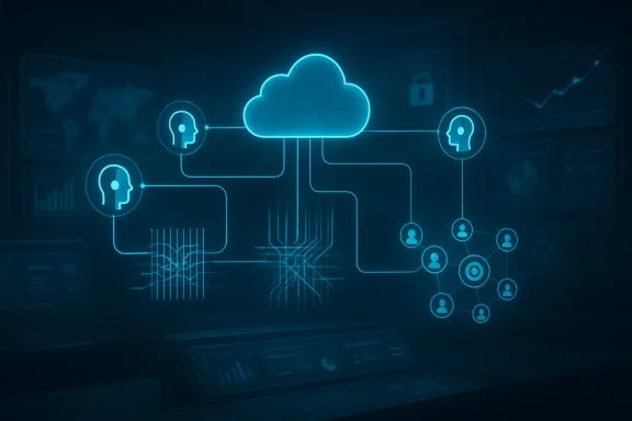Cloud-shaped network diagram with encrypted key icons and connected user nodes in a blue tech interface.