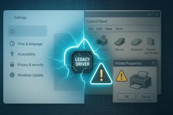 Windows Settings shows a “Legacy Driver” warning with a printer error dialog.