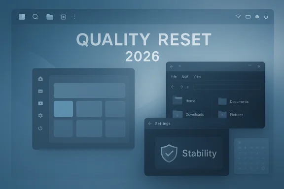 Futuristic blue UI screen displaying “QUALITY RESET 2026” with stability and file panels.