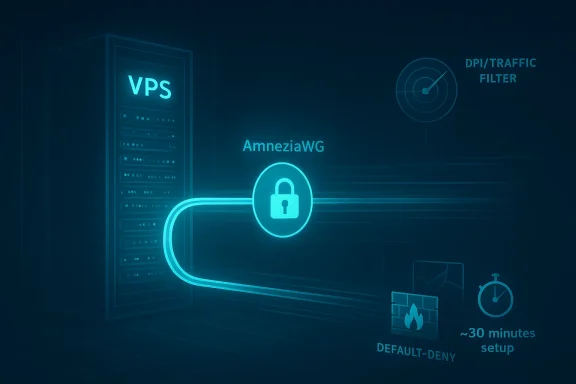Neon cyber security graphic showing a VPS server with a lock icon and “DPI/TRAFFIC FILTER” in blue.