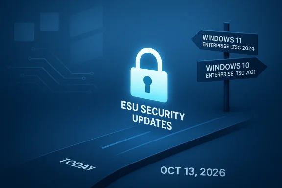 Illustration showing an ESU security updates lock icon with Windows 11/10 version update pointers.