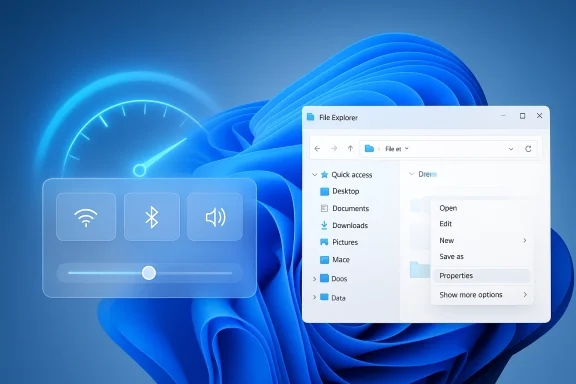 Blue Windows 11 desktop backdrop with File Explorer window and system controls overlay.