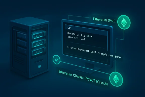 Futuristic crypto mining setup showing Ethereum (PoS) with hash rate and accepted share stats.