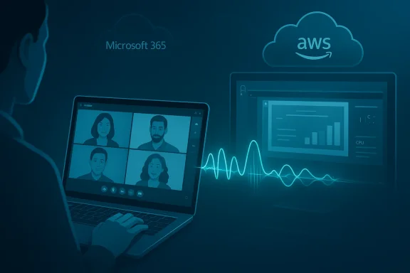 Cloud computing concept showing Microsoft 365 video calls and AWS analytics on a glowing interface.