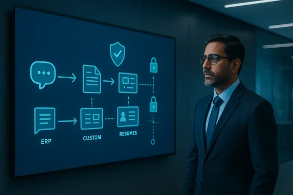 Businessman in a suit stands beside a digital diagram showing ERP, custom files, and resumes.