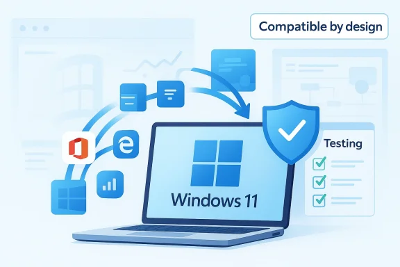 Windows 11 update concept illustration with shield security and testing workflow, “Compatible by design.”