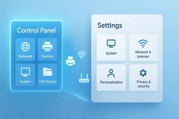 Futuristic UI showing a Control Panel and Settings with Network, System, and Privacy icons.