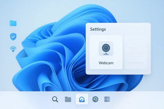 Windows 11-style desktop showing the Settings panel for Webcam on a blue abstract background.