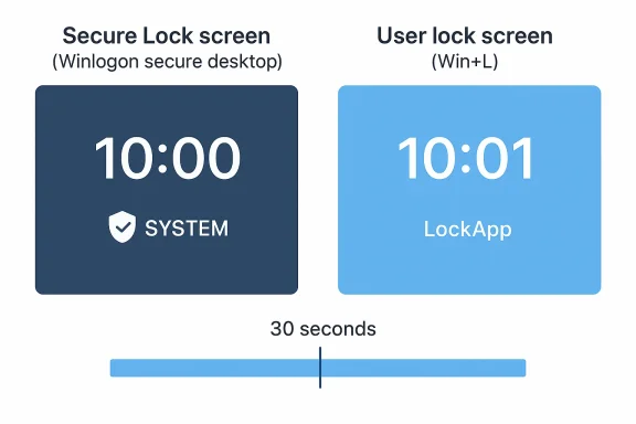 Comparison of a secure Winlogon lock screen versus a user lock screen, each showing a different time and label.
