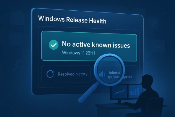 Windows Release Health screen shows no active known issues for Windows 11 26H1.