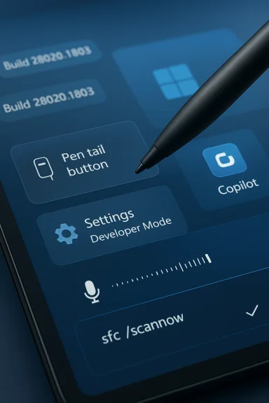 Close-up of a blue settings panel with a “Pen tail button” option and an attached stylus pen.