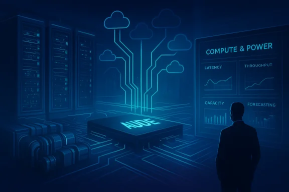Blue holographic dashboard shows “Compute & Power” analytics beside server racks in a data center.