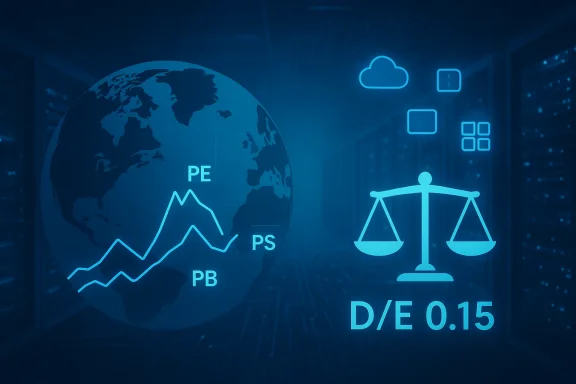 Futuristic financial analytics with a globe, chart labeled PE/PS/PB, and a balance scale on a server backdrop.