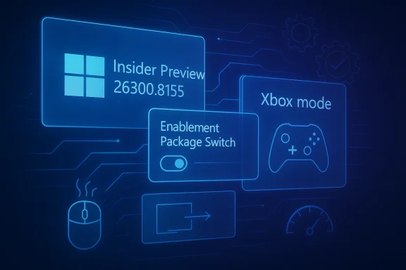 Tech-themed graphic showing Windows Insider Preview, “Enablement Package Switch,” and Xbox mode with controller icon.