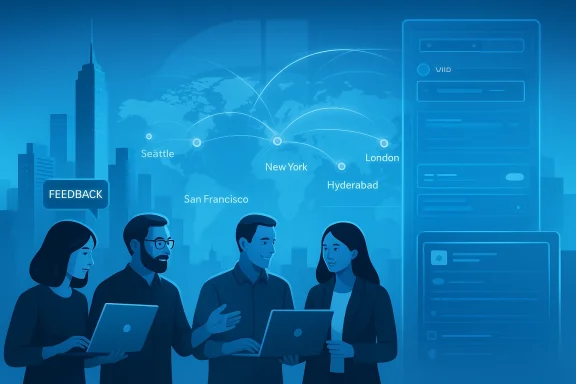 Team of professionals using laptops with a digital interface showing global city network connections.