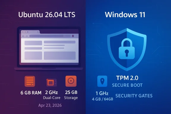 Split graphic comparing Ubuntu 26.04 LTS and Windows 11 security features like TPM 2.0 and secure boot.