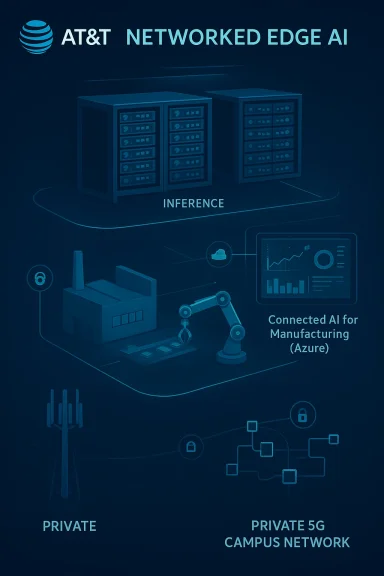AT&T Networked Edge AI concept shows inference, manufacturing analytics, and private 5G campus connectivity.