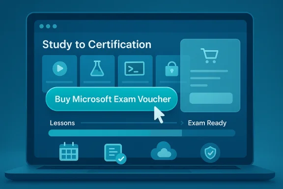 Illustrated laptop screen promoting Microsoft exam certification and voucher purchase.